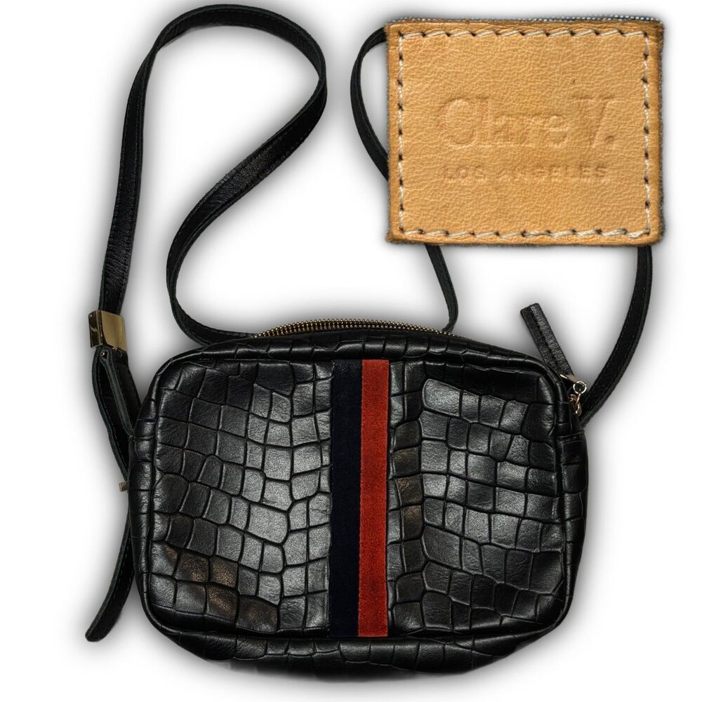Clare V. Black Croc Embossed Midi Sac Crossbody Bag